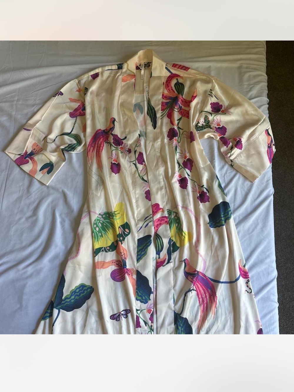 Soma Cream Silk Kimono Maxi with Pink & Green Floral Bird Print